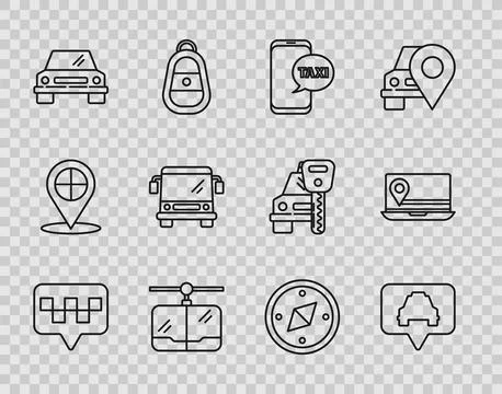 Set line Map pointer with taxi, Taxi call telephone service, Cable car, Car, Bus Stock Illustration