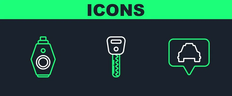 Set line Map pointer with taxi, Car key remote and  icon. Vector Stock Illustration