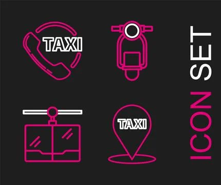 Set line Map pointer with taxi, Cable car, Scooter and Taxi call telephone .. Stockillustratie