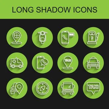 Set line Map pointer with taxi, Compass, Car, Taxi call telephone service, .. Stock Illustration