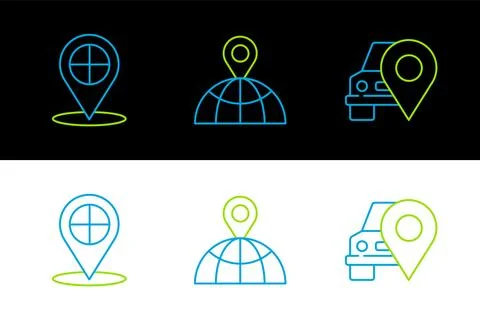 Set line Map pointer with taxi,  and Location on the globe icon. Vector イラスト素材