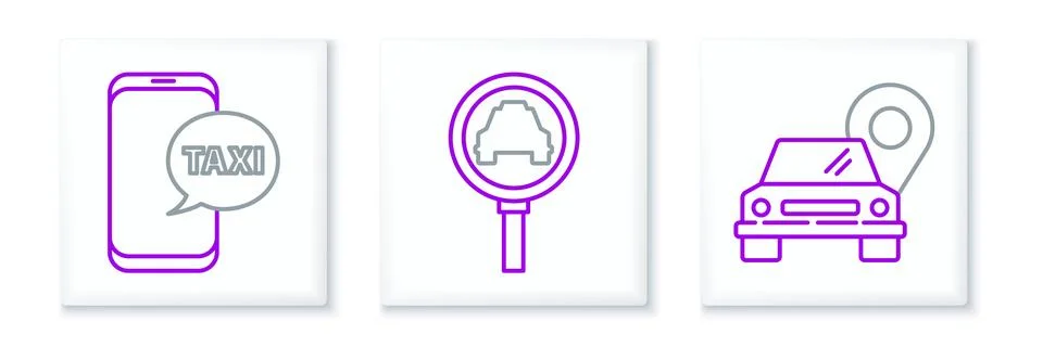 Set line Map pointer with taxi, Taxi call telephone service and Magnifying .. Stock Illustration