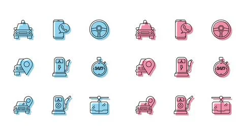 Set line Map pointer with taxi, Petrol or Gas station, Taxi car, Cable, Ele.. Stock Illustration