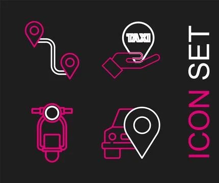 Set line Map pointer with taxi, Scooter, Hand on map and Route location ico.. Stock Illustration