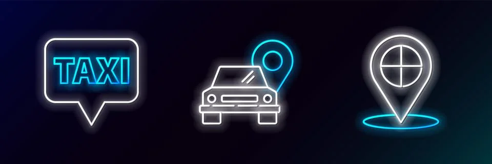 Set line Map pointer with taxi,  and  icon. Glowing neon. Vector Stock Illustration