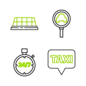 Set line Map pointer with taxi Stopwatch 24 hours Magnifying glass and car an Stock Illustration