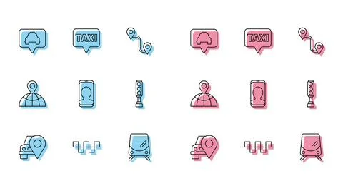 Set line Map pointer with taxi, Taxi car roof, Tram and railway, call telep.. Stock Illustration
