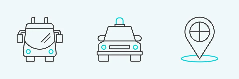 Set line Map pointer with taxi, Trolleybus and Taxi car icon. Vector イラスト素材