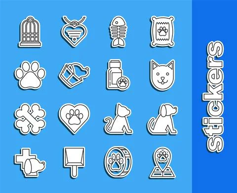 Set line Map pointer with veterinary medicine hospital, Dog, Cat, Fish skeleton Stock Illustration