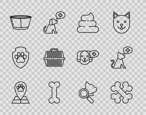 Set line Map pointer with veterinary medicine hospital, Crossed bones, Shit, Dog Stockillustratie