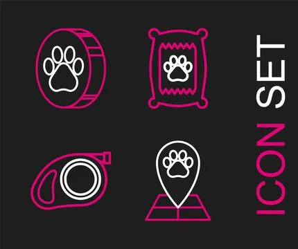 Set line Map pointer with veterinary medicine hospital, Retractable cord leash Stock Illustration