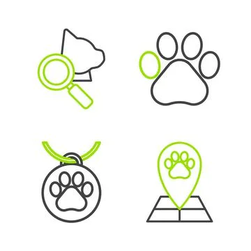 Set line Map pointer with veterinary medicine hospital, Collar name tag, Paw  Stock Illustration