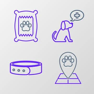 Set line Map pointer with veterinary medicine hospital, Collar name tag Stock Illustration