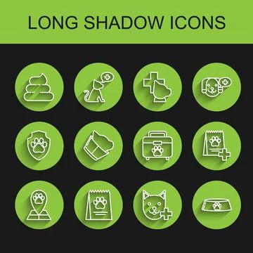 Set line Map pointer with veterinary medicine hospital, Bag of food for dog Stock Illustration