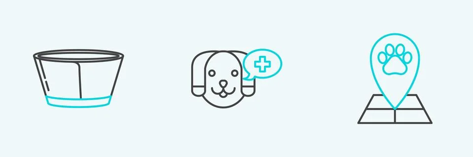 Set line Map pointer with veterinary medicine hospital, Protective cone col.. Stock Illustration