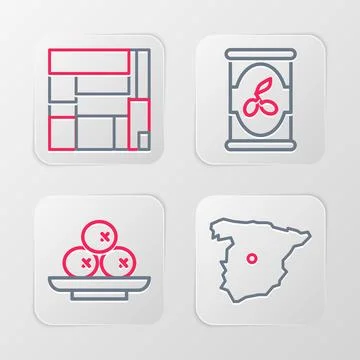 Set line Map of Spain, Olives on plate, can and House Edificio Mirador icon.. Stock Illustration