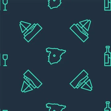 Set line Map of Spain, Yacht sailboat and Wine bottle with glass on seamless イラスト素材