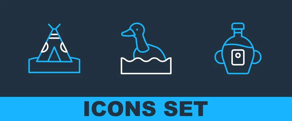 Set line Maple syrup, Indian teepee or wigwam and Flying duck icon. Vector Stock Illustration