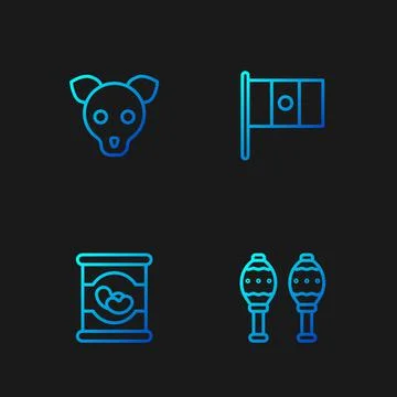 Set line Maracas, Beans in can, Dog and Mexico flag. Gradient color icons Ilustração Stock