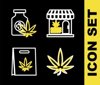 Set line Marijuana and cannabis store, leaf, Shopping bag of marijuana and .. Ilustración de archivo