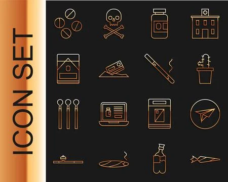Set line Marijuana joint, Messenger, Cactus peyote pot, Medicine bottle and.. Stock-Illustration
