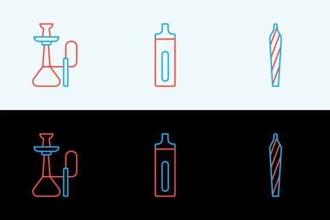 Set line Marijuana joint, spliff, Hookah and Electronic cigarette icon. Vecto Stock Illustration