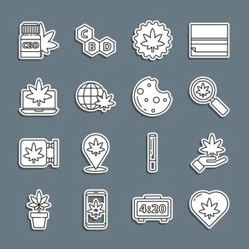 Set line Marijuana leaf in heart, or cannabis, Magnifying glass and marijuana Ilustración de archivo