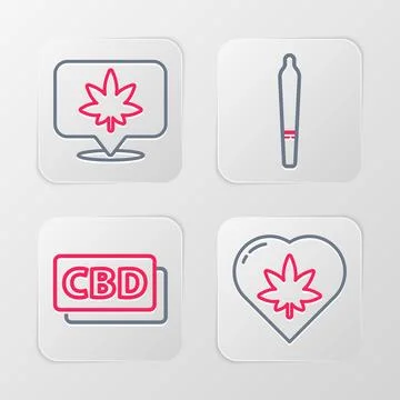 Set line Marijuana leaf in heart, Cannabis molecule, joint and Location and.. Stock Illustration