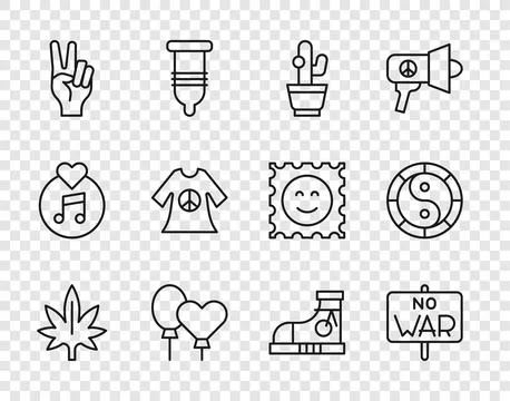 Set line Marijuana, No war, Cactus, Balloons, Peace symbol, dress print sta.. Illustrazione stock