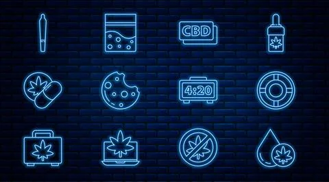 Set line Marijuana or cannabis olive oil, Ashtray, Cannabis molecule, Cookies Stock Illustration
