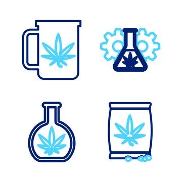 Set line Marijuana or cannabis seeds, Test tube with marijuana, and Cup tea icon Stock Illustration