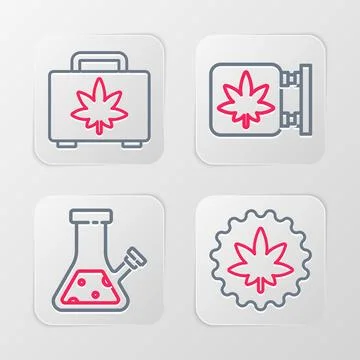 Set line Marijuana or cannabis leaf, Glass bong for smoking, and store and .. Stock Illustration