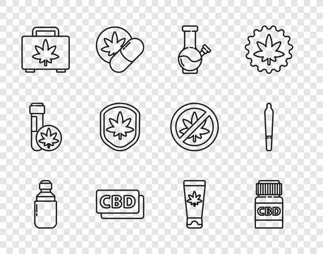 Set line Marijuana or cannabis olive oil, Medical bottle with, Glass bong f.. Stock Illustration