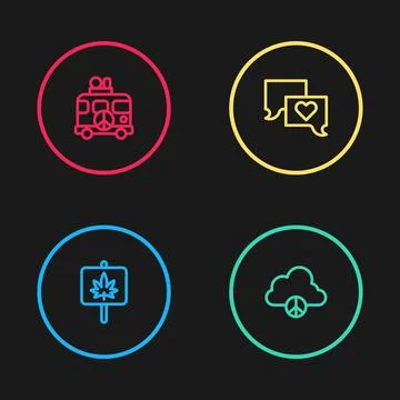 Set line Marijuana, Peace cloud, Speech bubble chat and Hippie camper van icon Stock Illustration