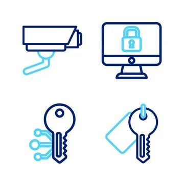 Set line Marked key, Cryptocurrency, Lock on computer monitor and Security Ilustración de archivo