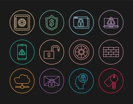 Set line Marked key, Firewall, security wall, Secure your site with HTTPS, .. Ilustração Stock