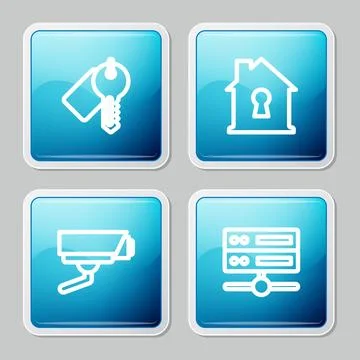 Set line Marked key, House under protection, Security camera and Server, Data Illustrazione stock