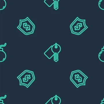 Set line Marked key, Shield with dollar and Bomb ready to explode on seamle.. イラスト素材