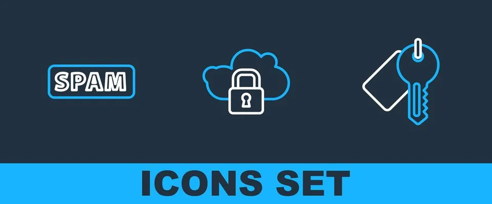 Set line Marked key, Spam and Cloud computing lock icon. Vector 스톡 일러스트