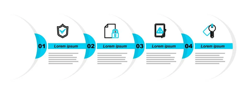 Set line Marked key, Tablet with exclamation mark, Document and lock and Sh.. Illustrazione stock