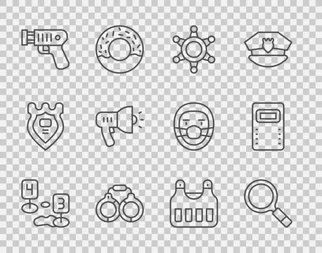 Set line Marker of crime scene, Magnifying glass with search, Hexagram sherif Stock Illustration
