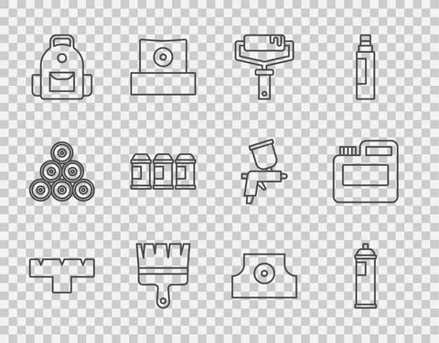 Set line Marker pen attachment, Paint spray can, roller brush, School backpack Stock Illustration