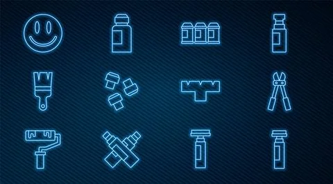 Set line Marker pen, Bolt cutter, Paint spray can, attachment, brush, Smile.. Stock Illustration