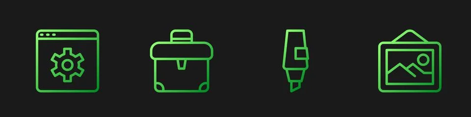 Set line Marker pen, Browser setting, Briefcase and Picture landscape. Grad.. Illustration