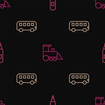Set line Marker pen, Bus toy and Toy train on seamless pattern. Vector Illustrazione stock