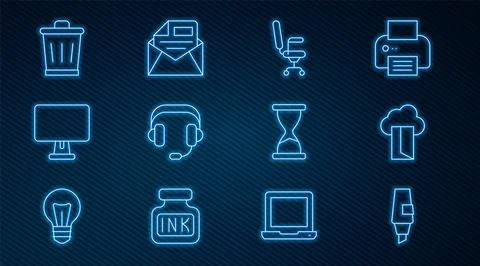 Set line Marker pen, Cloud database, Office chair, Headphones, Computer mon.. 스톡 일러스트