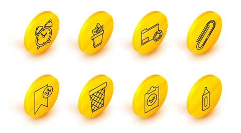 Set line Marker pen, Completed task, Trash can, Bookmark, Paper clip, Folder Stock Illustration
