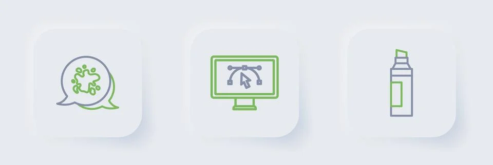 Set line Marker pen, Computer with design program and Paint spray icon. Vecto Stock Illustration