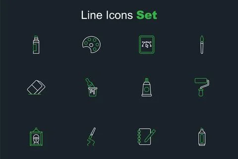 Set line Marker pen, Notebook, Paint brush, Picture, roller, Tube with pain.. Stock-Illustration