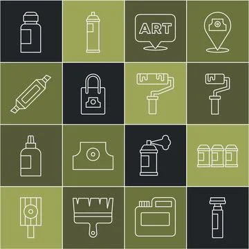 Set line Marker pen, Paint spray can, roller brush, Speech bubble with text art Stock Illustration